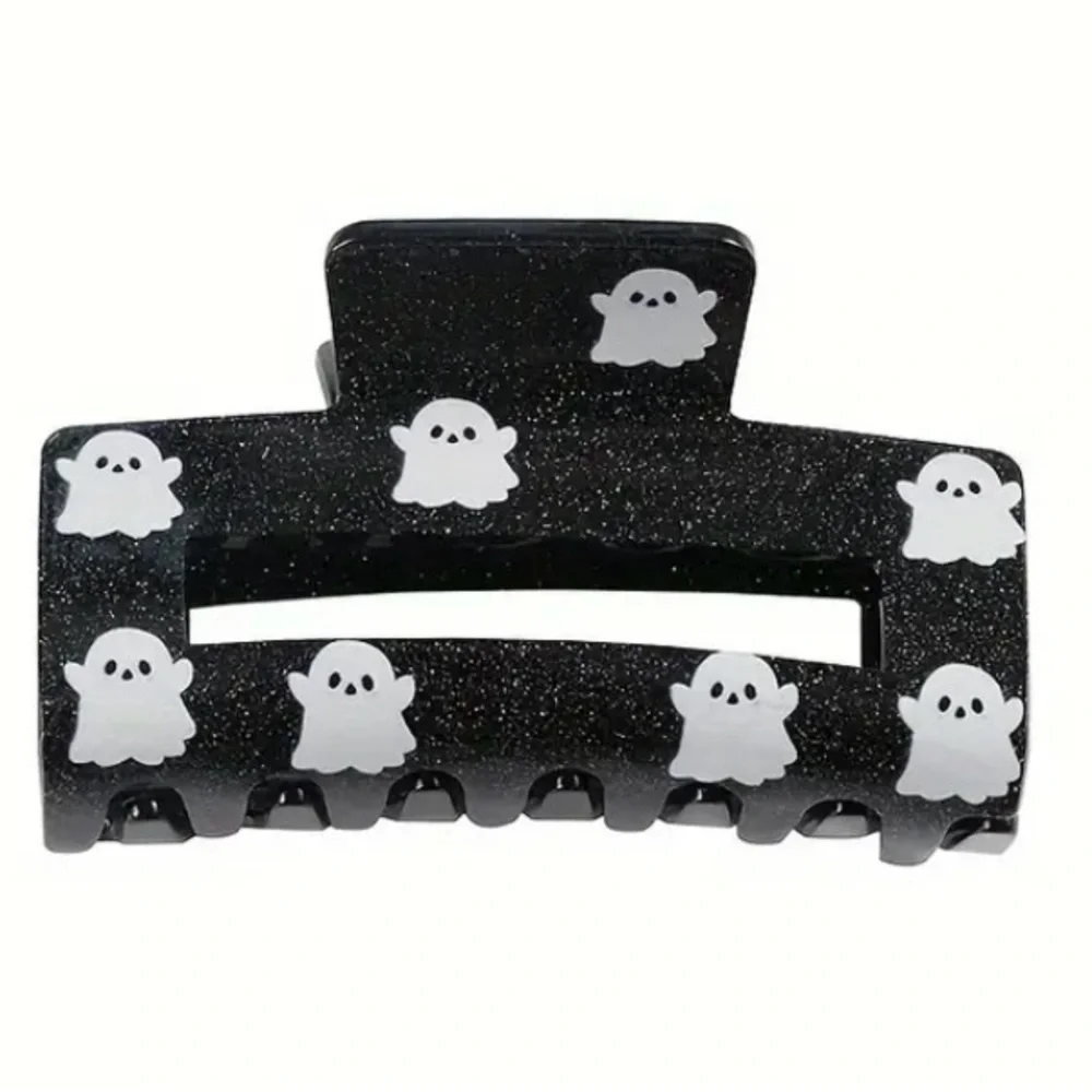 Black Hair Clip with White Ghosts Perfect for Halloween